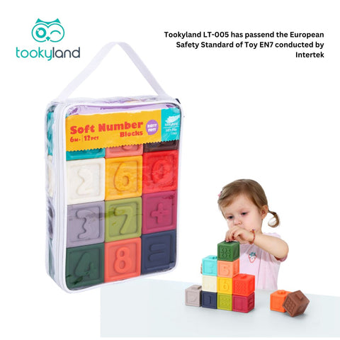 Tookyland 12pcs Soft BPA FREE Silicone Number Blocks Squeeze Bath toy teether  chewing toy stacking