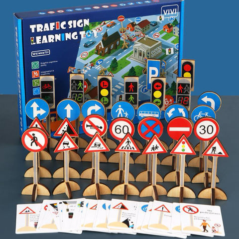 Wooden traffic sign learning toy with flashcard and Mat