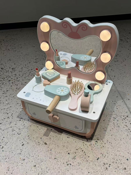 EducratePH Tooky Toy Butterfly Wooden Dressing Table with LED & Mirror | Pretend Play Vanity Set for Kids