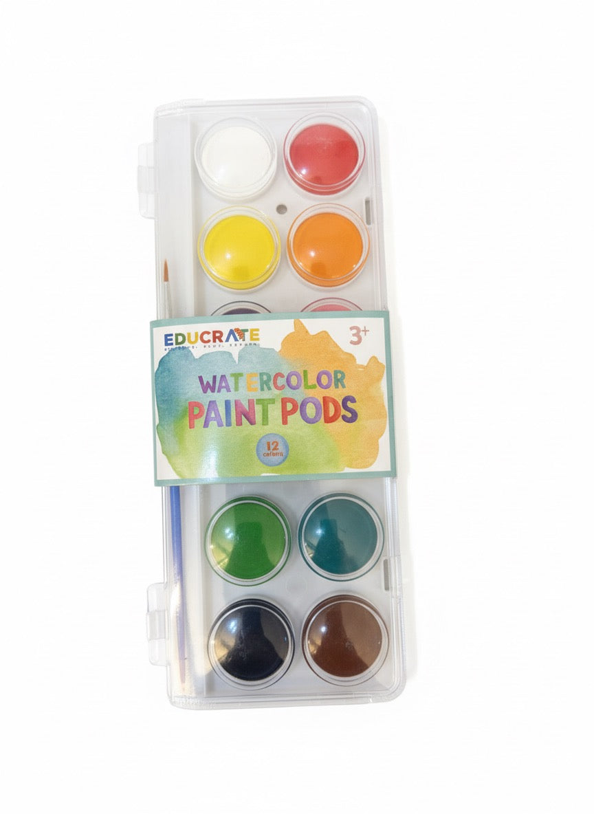 Watercolor Paint Pods (12 Colors) — Washable Kids Paint Set with Brush | Non-Toxic | 3+ Years