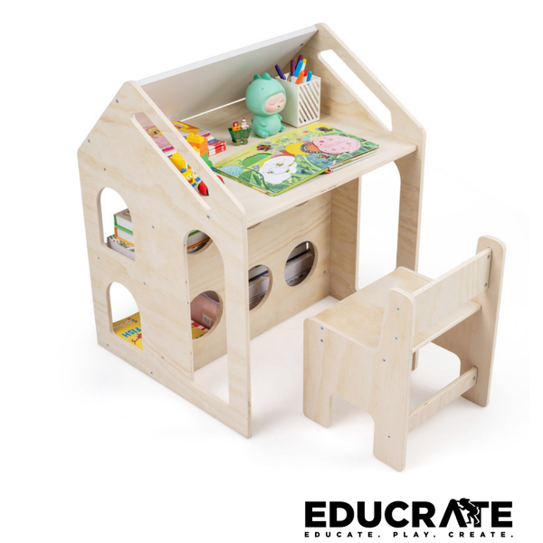 EducratePH House Style Activity Desk with Chair & Bookshelf / dollhouse / multipurpose / art table