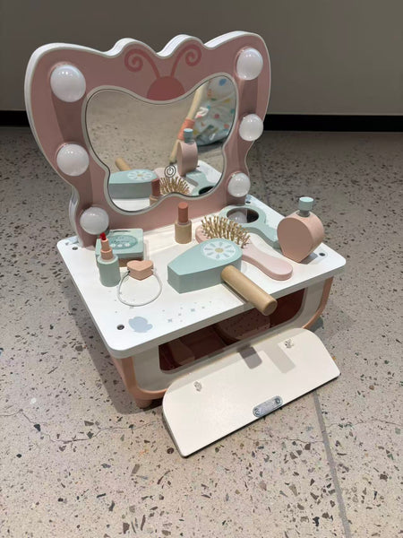 EducratePH Tooky Toy Butterfly Wooden Dressing Table with LED & Mirror | Pretend Play Vanity Set for Kids