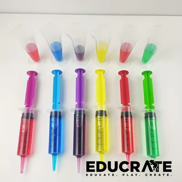Jumbo Plastic Syringe with Measuring Beaker Set for Kids – Montessori Water Play & Fine Motor Activity Tools (6-Pack, Colorful)