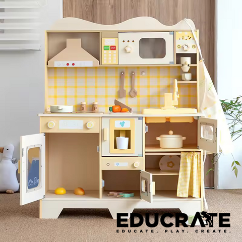 educratePH Sunny Kitchen Wooden Playset – Unisex Pretend Play Cooking Toy for Kids | Montessori Role Play Kitchen