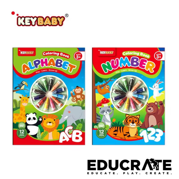 KeyBaby Coloring Book with Crayons Numbers OR Alphabet Set (Ages 3+)