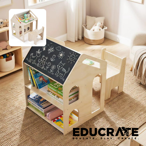 EducratePH House Style Activity Desk with Chair & Bookshelf / dollhouse / multipurpose / art table