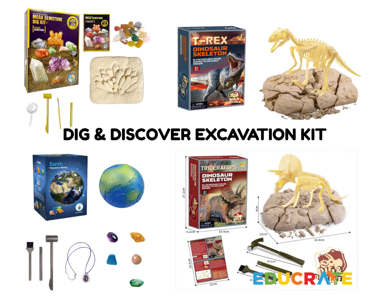 EducratePH DIG & DISCOVER EXCAVATION KITS – STEM Dig Toys earth, dino, mega gemstone, fossil dig kit for kids