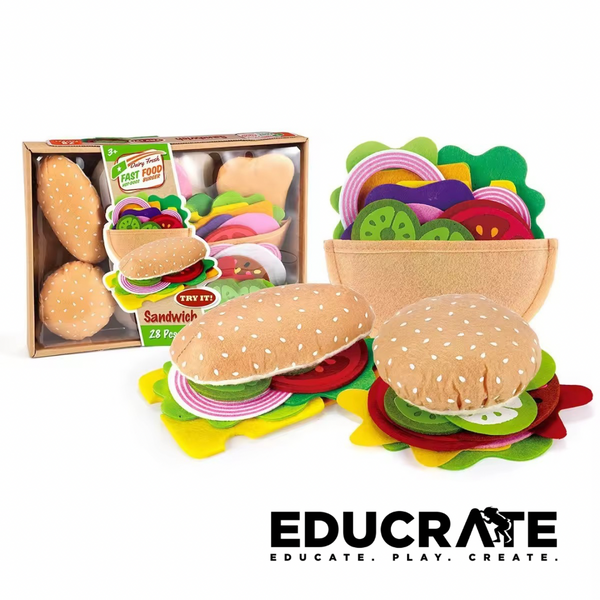 EducratePH  Felt Burger & Sandwich Set | 28PCS Pretend Play Food Toy | Montessori Kitchen Role Play for Kids Age 3+