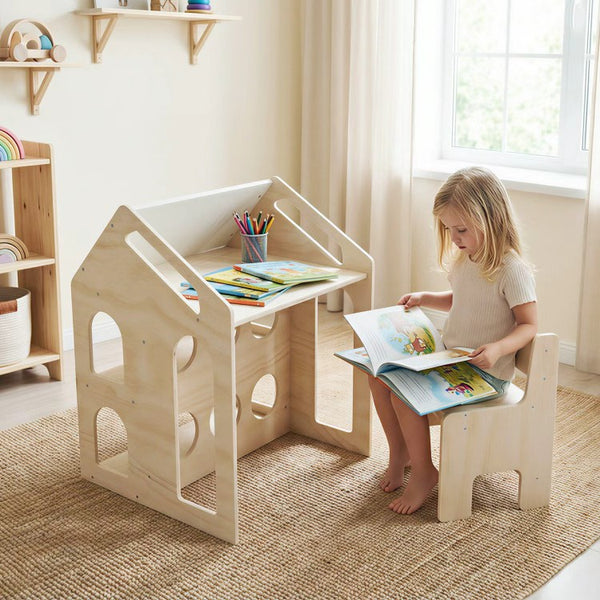 EducratePH House Style Activity Desk with Chair & Bookshelf / dollhouse / multipurpose / art table