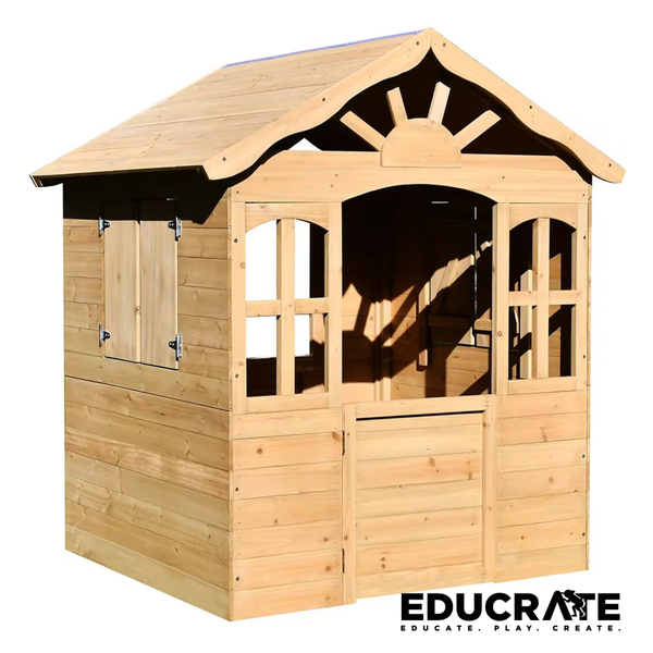 EducratePH Wooden Outdoor Playhouse for Kids | Garden Playhouse with Opening Windows & Door | Backyard Pretend Play House