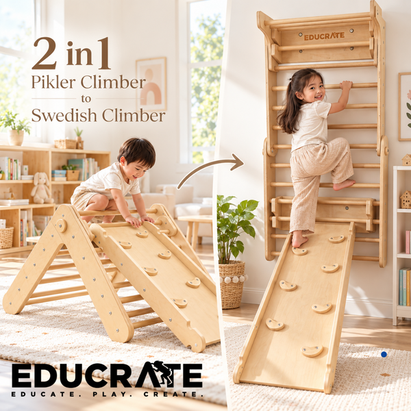 EducratePH 2-in-1 Pikler to Swedish Climber | Convertible Wooden Indoor Climbing Frame with Ramp