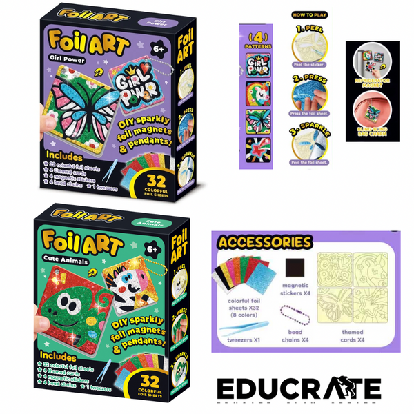 EducratePH Mini Foil Art DIY Sparkly Magnets & Pendants Kit for Kids | Creative Craft Activity Set | 32 Colorful Foil Sheets