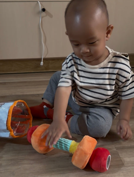 EducratePH Baby Fitness Toy Set – Soft Plush Dumbbell, Rattle & Sensory Gym Toys in Travel Bag