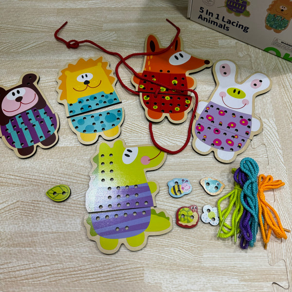 Tooky Toy 5 in 1 Lacing & Threading Animals TL417