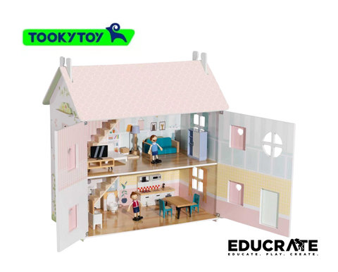 Tooky Toy Wooden Pastel Pink Dollhouse Playset – 2-Story House with Furniture & Figures
