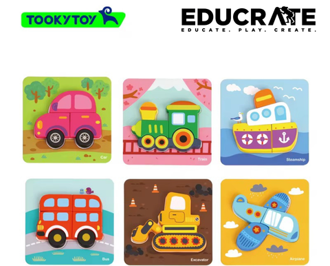 Tooky Toy 6-in-1 Chunky Wooden Vehicle Puzzle Set – Car, Train, Bus, Airplane, Montessori Toy