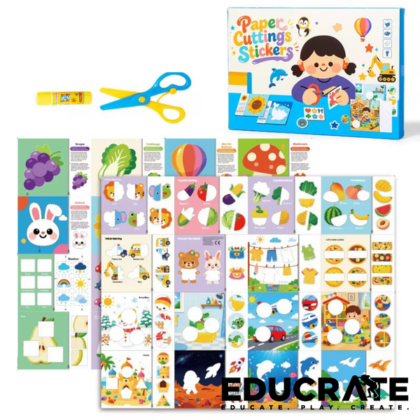 EducratePH Kids Paper Cutting & Pasting Activity Set | 32 Sheets with Scissors & Glue | Preschool Arts & Crafts