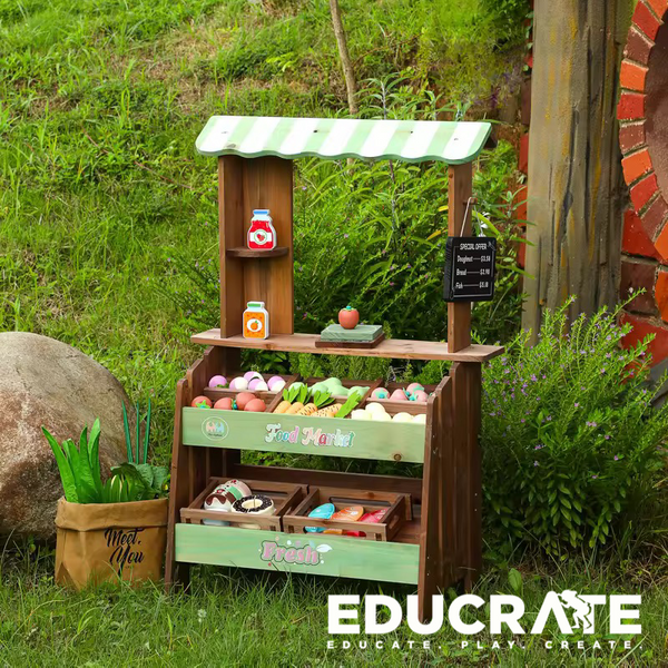 educrateph Outdoor & Indoor Wooden Food Market Playset | Pretend Grocery Stall with Fruits, VegetablesRole Play | Kids Market Stand Toy