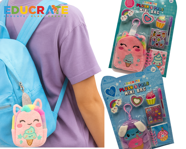 EducratePH Plush Pals Mini Bag Keychain Set | Plush with Notebook, Pen & Stickers for Kids (6+)