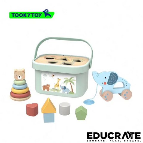 Tooky Land 3 in 1 Toy boy (shape sorter, pull toy, rainbow stacker with Case
