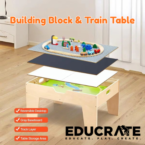 EducratePH Wooden Activity Table with Train Set, Blocks, Writing & Storage