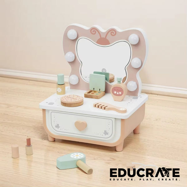 EducratePH Tooky Toy Butterfly Wooden Dressing Table with LED & Mirror | Pretend Play Vanity Set for Kids