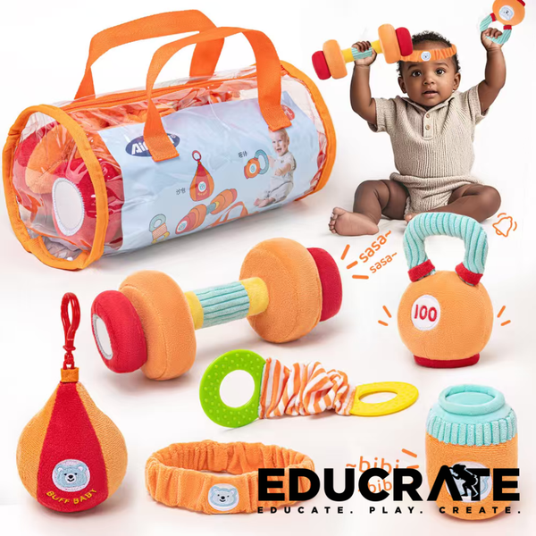 EducratePH Baby Fitness Toy Set – Soft Plush Dumbbell, Rattle & Sensory Gym Toys in Travel Bag