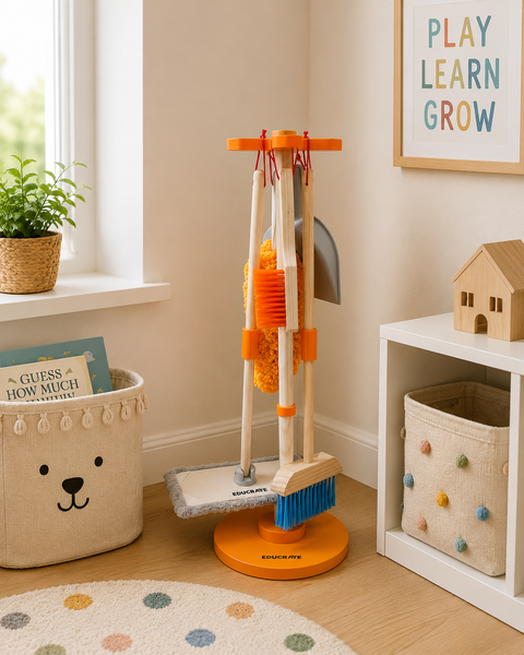 EdcuratePH Kids Wooden Cleaning Set with Stand | Pretend Play Mop, Broom, Duster, Brush & Dustpan | Montessori Practical Life Toy 3+