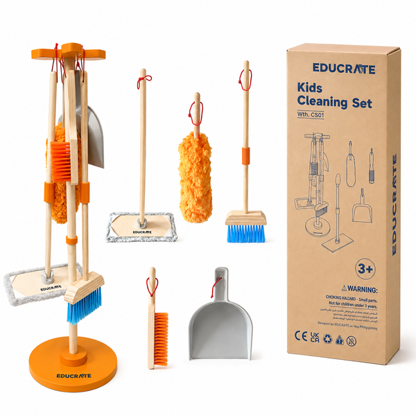 EdcuratePH Kids Wooden Cleaning Set with Stand | Pretend Play Mop, Broom, Duster, Brush & Dustpan | Montessori Practical Life Toy 3+