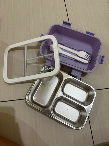 EducratePH Stainless Steel Bento Lunch Box with 3 Compartments | Kids School Lunchbox with Spoon & Fork