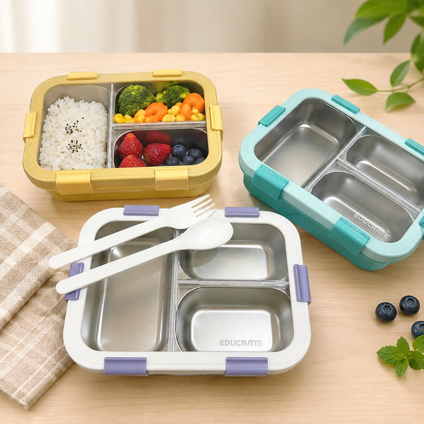 EducratePH Stainless Steel Bento Lunch Box with 3 Compartments | Kids School Lunchbox with Spoon & Fork