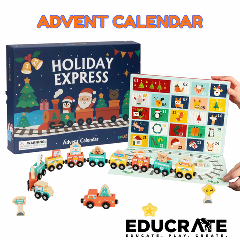 EducratePH Holiday Express Advent Calendar | 24-Day Wooden Train Set for Kids
