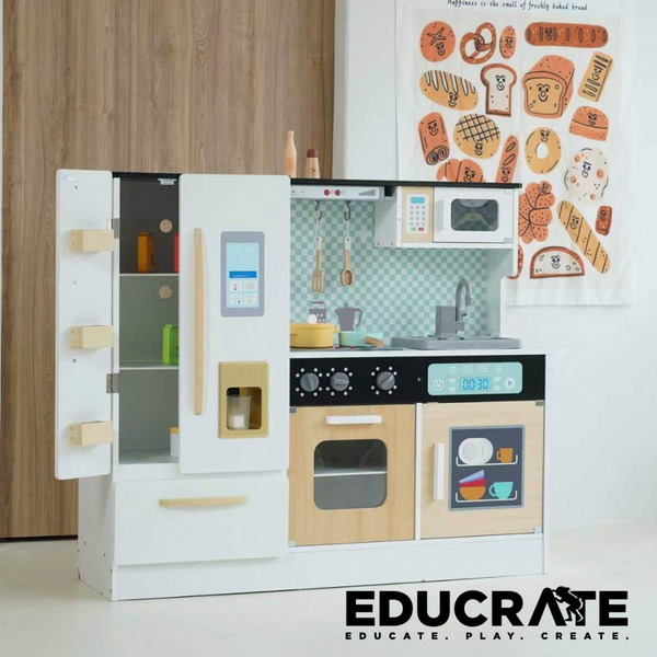 EducratePH Kids Wooden Pretend Play Kitchen Set with Refrigerator, Oven & Sink | Large Play Kitchen