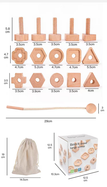 EducratePH Beechwood Nuts & Bolts Lacing Set | Wooden Screw & Threading Fine Motor Toy for Kids