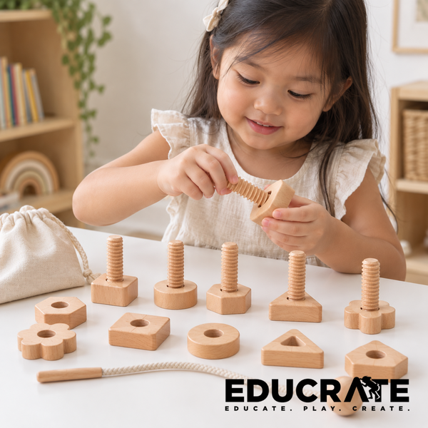 EducratePH Beechwood Nuts & Bolts Lacing Set | Wooden Screw & Threading Fine Motor Toy for Kids