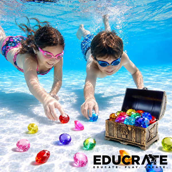EducratePH Treasure Hunt Diving Gems Set with Treasure Chest | 16 Colorful Pool Diving Diamonds | Underwater Swimming & Retrieval