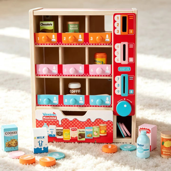 EducratePH Wooden Vending Machine Pretend Play Toy with Play Food, Coins and Number Matching Activity for Kids