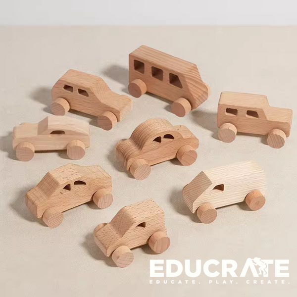 EducratePH Wooden Car Set – 8-Piece Natural Beechwood Vehicles