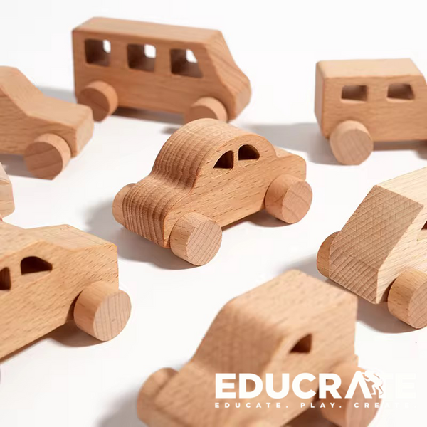 EducratePH Wooden Car Set – 8-Piece Natural Beechwood Vehicles