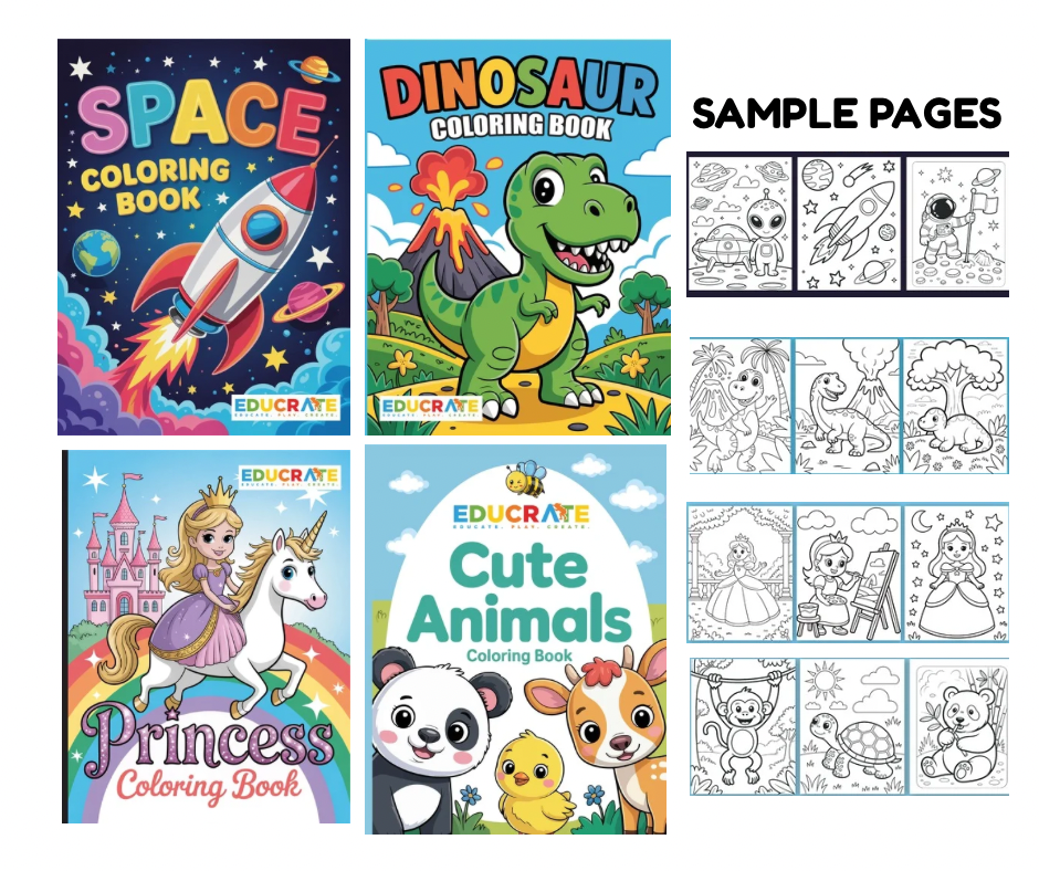 EducratePH Coloring Book for Kids – 16 Pages A4 (Space / Princess / Dinosaur / Cute Animals)