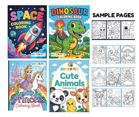 EducratePH Coloring Book for Kids – 16 Pages A4 (Space / Princess / Dinosaur / Cute Animals)