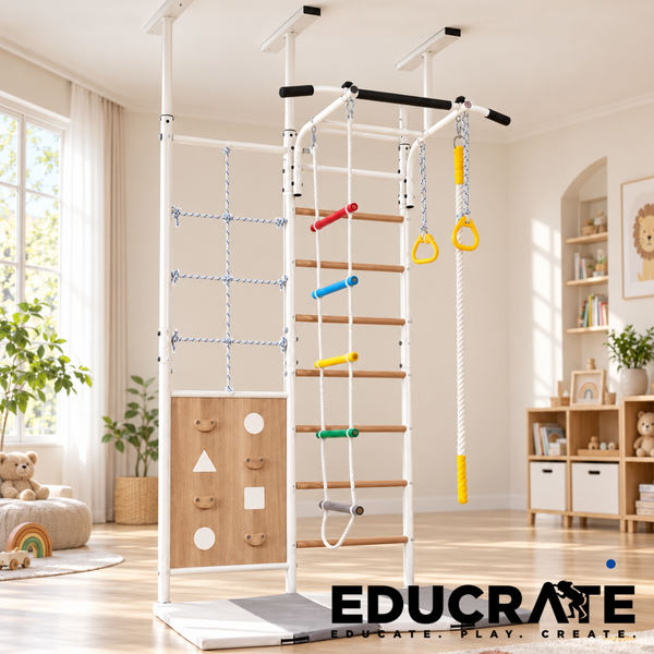 EducratePH Vertical Climber | No-Drill Floor-to-Ceiling Indoor Jungle Gym for Kids with Climbing Wall, Rope Ladder & Gymnastics Rings