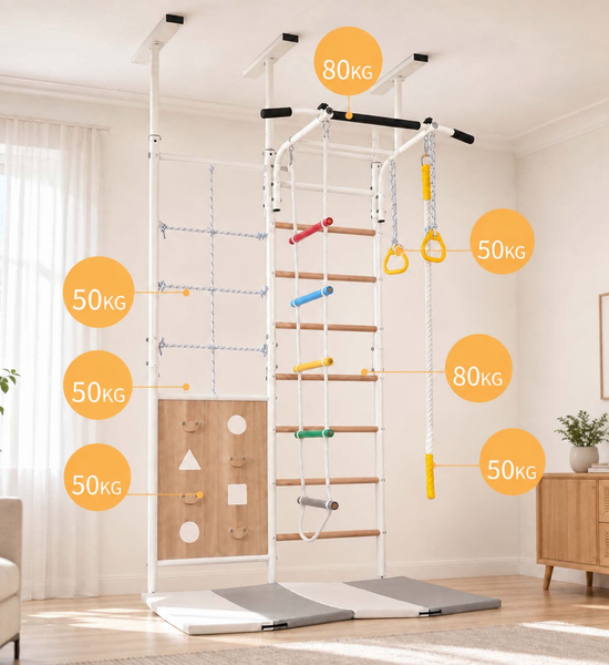 EducratePH Vertical Climber | No-Drill Floor-to-Ceiling Indoor Jungle Gym for Kids with Climbing Wall, Rope Ladder & Gymnastics Rings