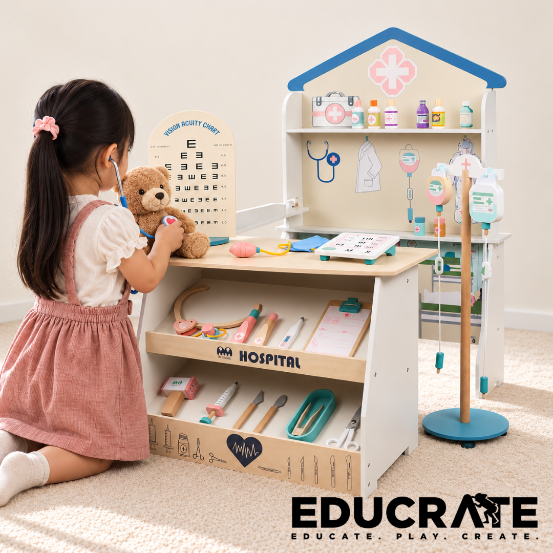 EductatePH Pretend Play Hospital Set | Wooden Doctor Clinic Station with Accessories