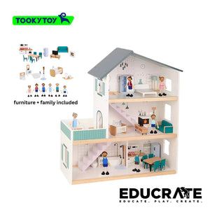 Tooky Toy Three Storey Dollhouse with Furniture & Dolls