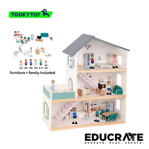 Tooky Toy Three Storey Dollhouse with Furniture & Dolls