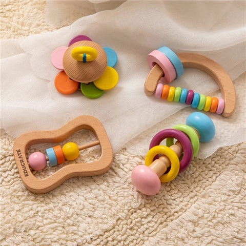 4pc Colorful Beechwood Baby Rattle teether